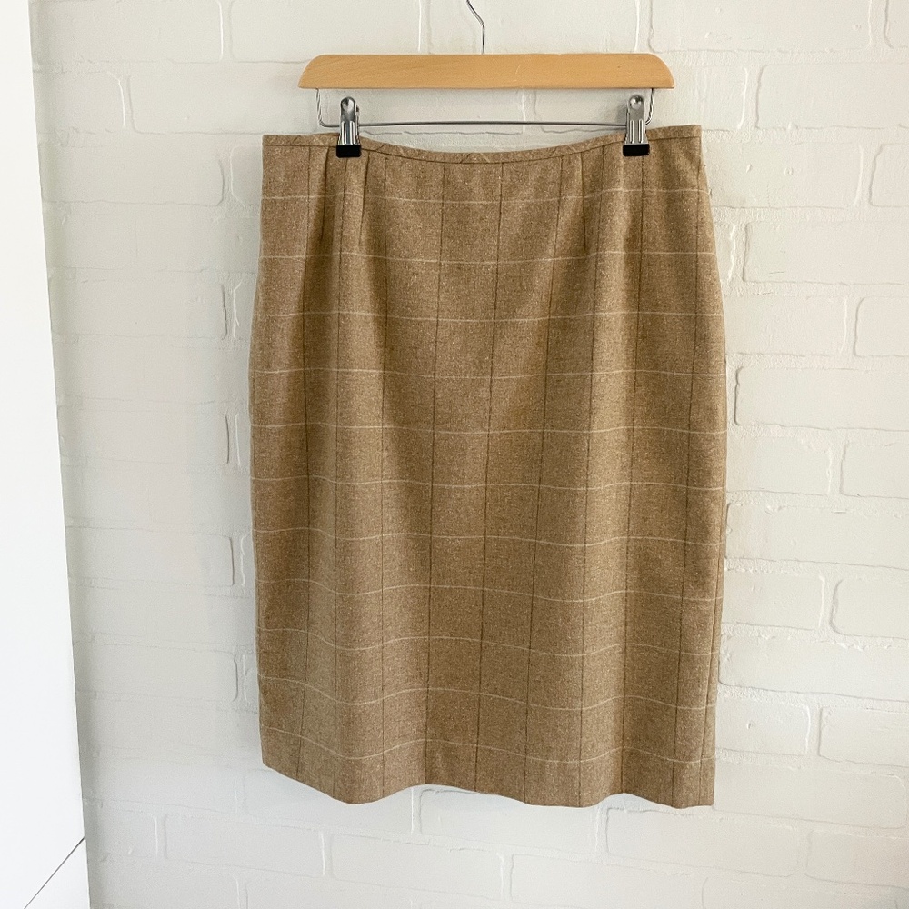 Vintage Column Skirt Wool Blend Gold Tan Beige Plaid Back slit Luxury Lined L